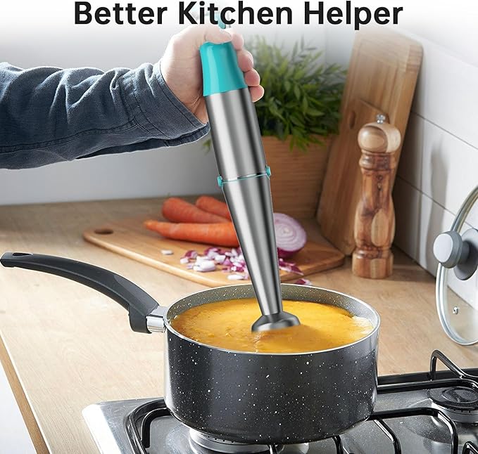 Immersion Blender Handheld Corded Hand Blenders Set 1100W, Trigger Variable Speed 5 in 1 Stick Emulsifier with Chopper, Whisk and Frother for Soup, Baby Food and Smoothies, Cyan Blue