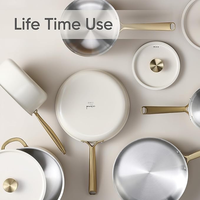 CAROTE 24pcs Tri-Ply Stainless Steel Cookware Set, Pots and Pans Set, Non Toxic Induction Kitchen Cooking Sets, Cookware Collection, Outer Ceramic Layer, Cream White