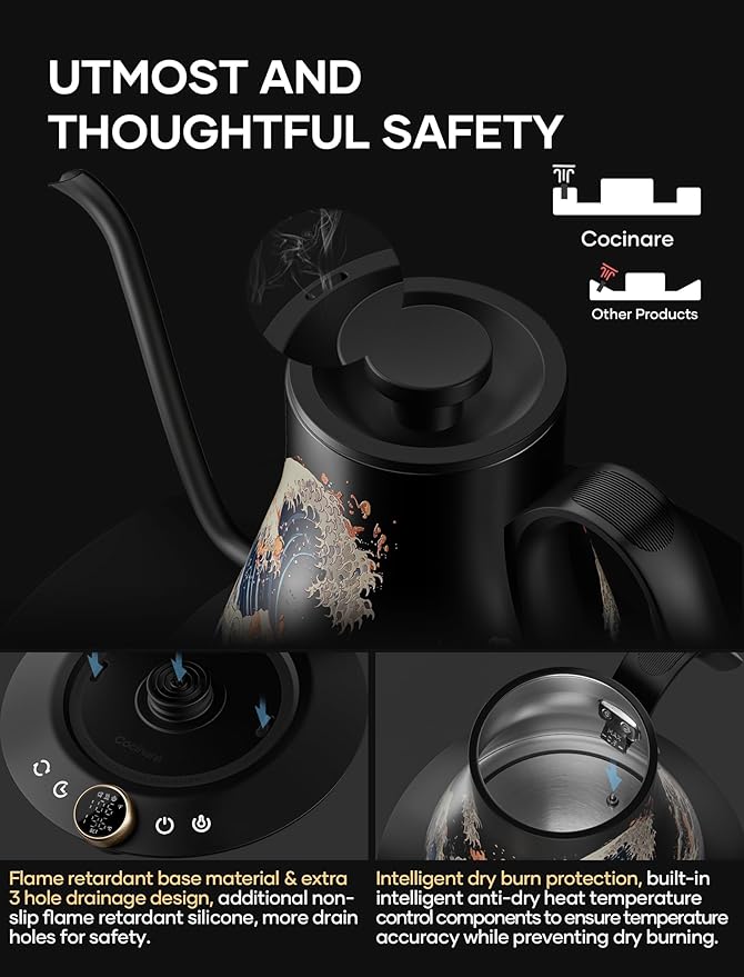 Cocinare FLOW M9 Electric Gooseneck Kettle, ±1℉ Temperature Control for Pour-over Coffee & Tea, Stainless Steel Interior, Quick Heating for Boiling Water (Wave)