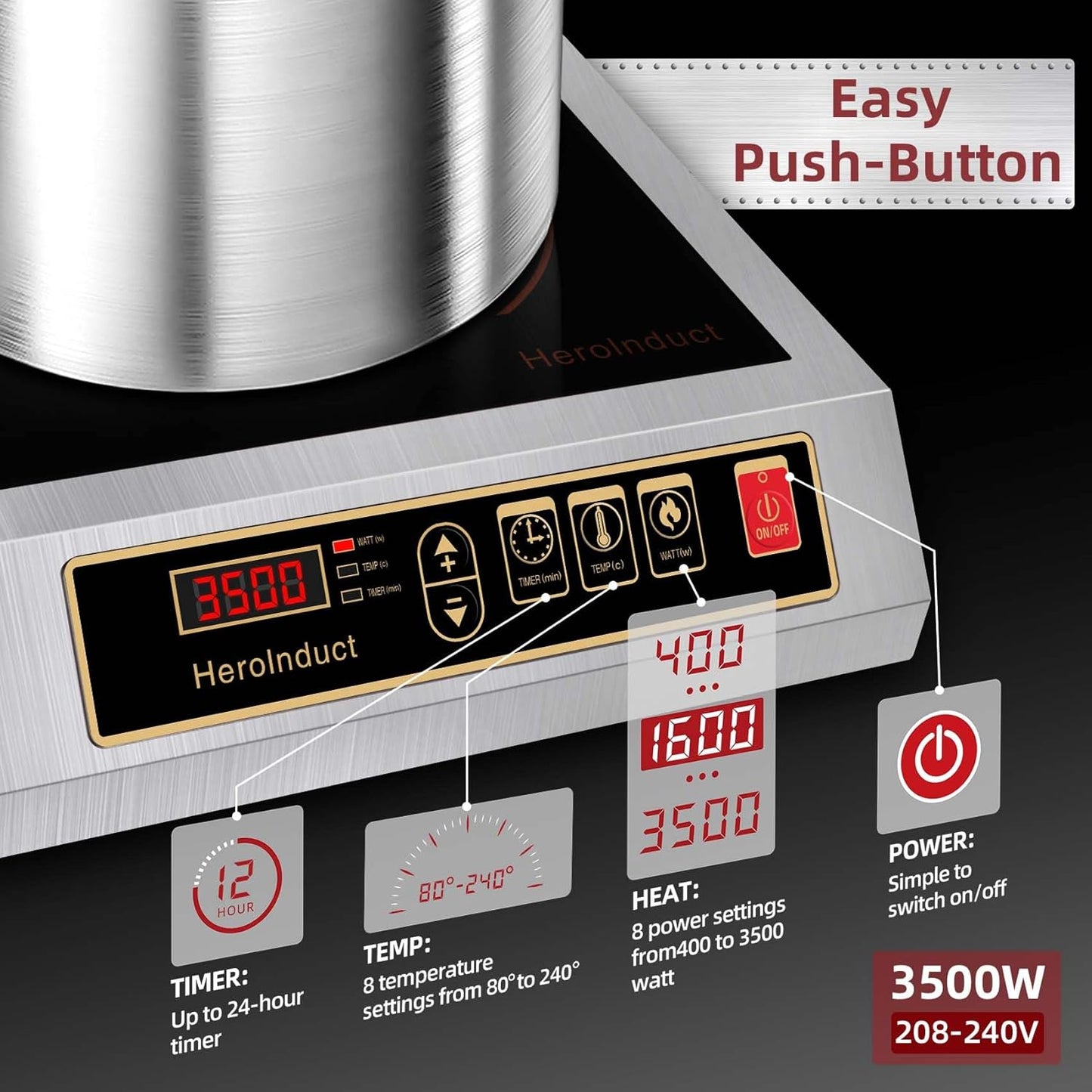 Induction Cooktop 208-240V 3500W Commercial Induction Burner Dual IGBT Modules 8 Heating Level Sensor Push-Button Premium Stainless Steel Housing Crystal Glass Electric Cooktop（Black）