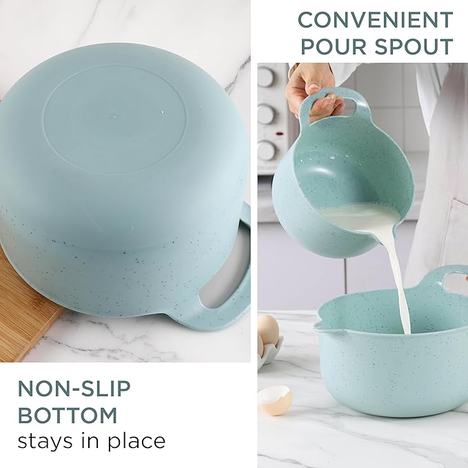 COOK WITH COLOR Nesting Plastic Mixing Bowl Set with Pour Spouts and Handles, Speckled Mint, 4 Piece Non-Slip