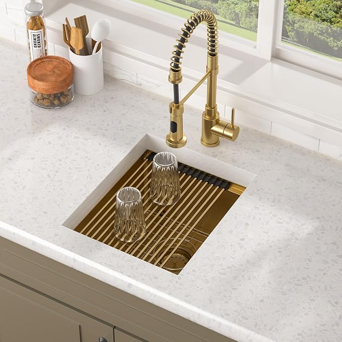 Lordear Gold Undermount Bar Sink 15x18x9 Inch Kitchen Sink Workstation 16 Gauge Stainless Steel Small Single Bowl