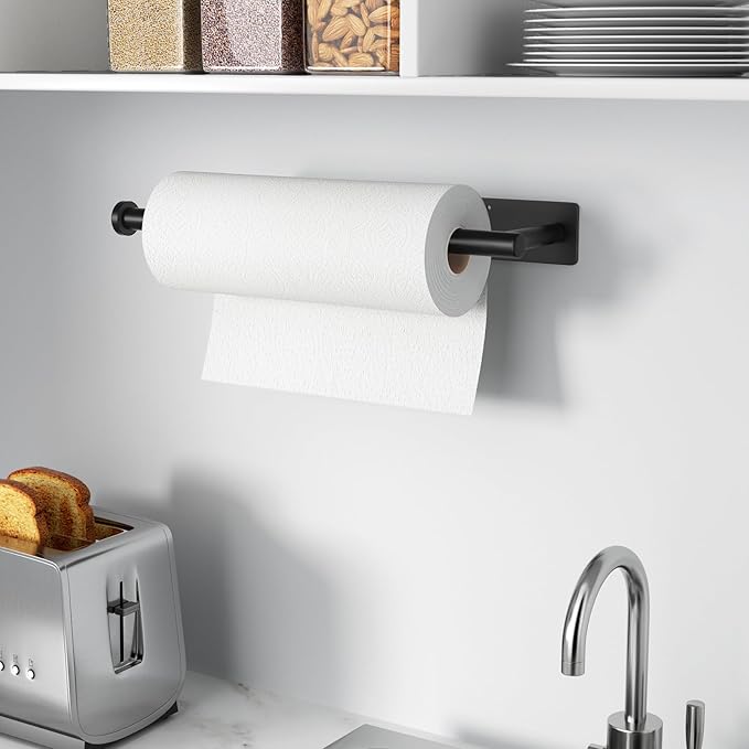 Paper Towel Holder - Self-Adhesive or Drilling, Matte Black Wall Mounted Rack - SUS304 Stainless Steel Kitchen Roll Holder Under Cabinet (2 Pack)