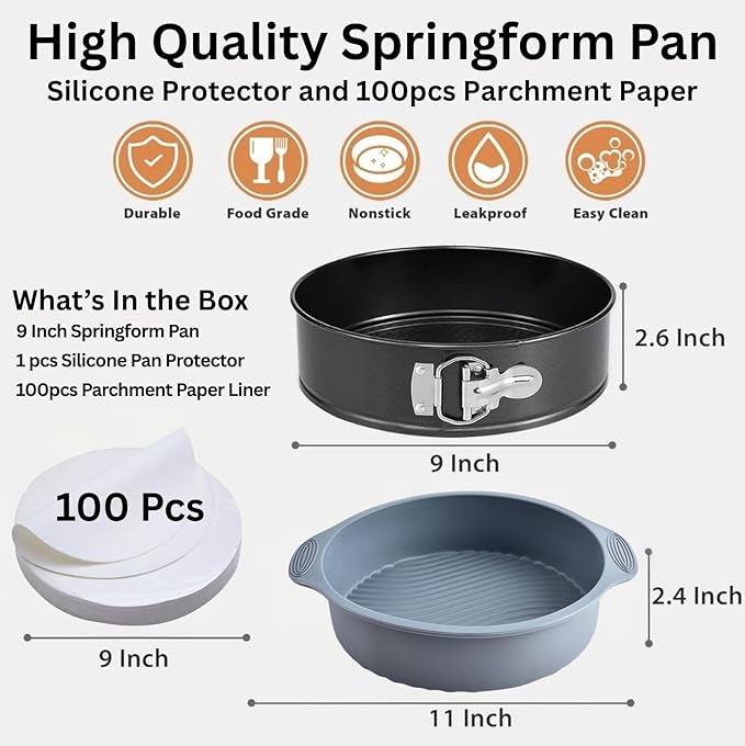 9 inch springform pan for cheesecake, Nonstick, Leak-proof Cheesecake Pans for Baking cakes, Cheese Cake & Pies with Protective Silicone mould & 100 Parchement Papers - Easy to Clean