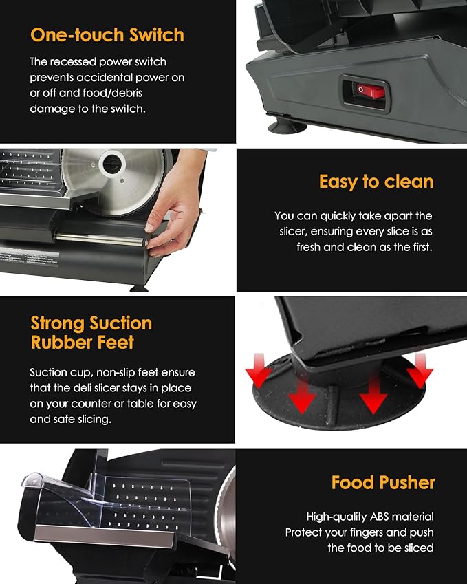 Meat Slicer, Electric Meat Slicer with 7.5" Stainless Steel Blade, Adjustable Thickness Deli Slicers for Home Use, Easy to Clean, Cuts Meat, Bread, Cheese and Deli, Black