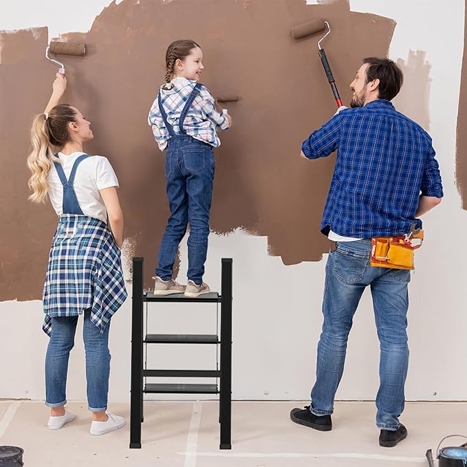 3 Step Ladder, Portable Step Ladder Folding, Lightweight Step Ladder with Anti-Slip Pedal, Aluminum Indoor and Closet, Kitchen, 330lbs - Black