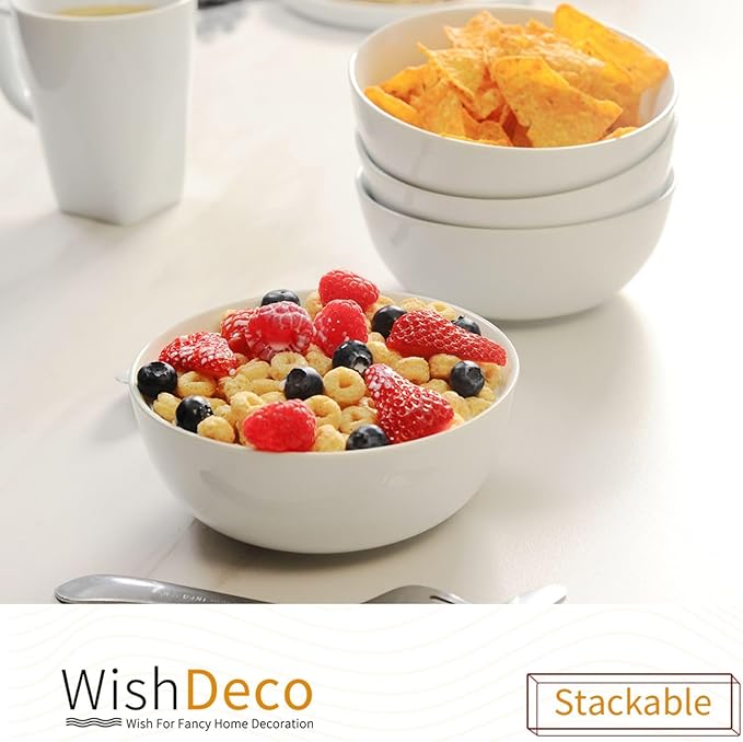 Cereal Bowls Set of 4, White Soup Bowls 20 oz, Ceramic Breakfast Bowl 6 Inch, Kitchen Bowl for Salad, Pasta, Ramen, Oatmeal, Noodle, Rice, Microwave and Dishwasher Safe