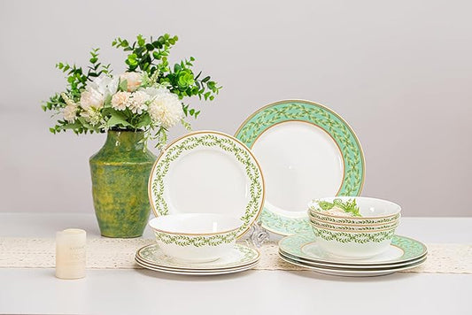 12-Piece Bone China Dinnerware Set with Gold Rim, Handcrafted Jingdezhen Design, Glazed Inner Patterns, Service for 4 – Green Collection