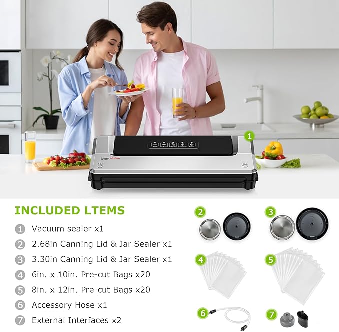 Bonsenkitchen Vacuum Sealer Machine + Mason Jar Sealer Kit, Fast-Compact/Multi-Functional Food Vacuum Sealer with External Vacuum System & 40 Vacuum Bags, Silver