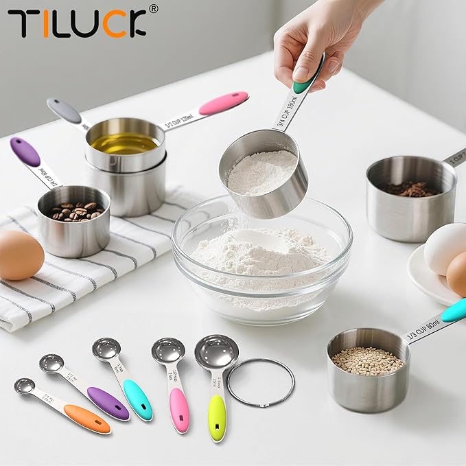 TILUCK Measuring Cups and Spoons Set, Stainless Steel, Kitchen Utensils for Cooking and Baking (10, Colorful)