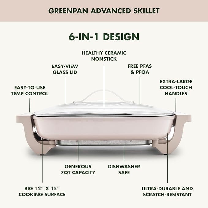 GreenPan Advanced 12” X 15” Electric Skillet with Lid, 7QT Capacity for Family Meals, Healthy Ceramic Nonstick PFAS-Free Coating, Fry, Sauté, Steam, Simmer, Sear, Stir Fry, Dishwasher Safe, Clay