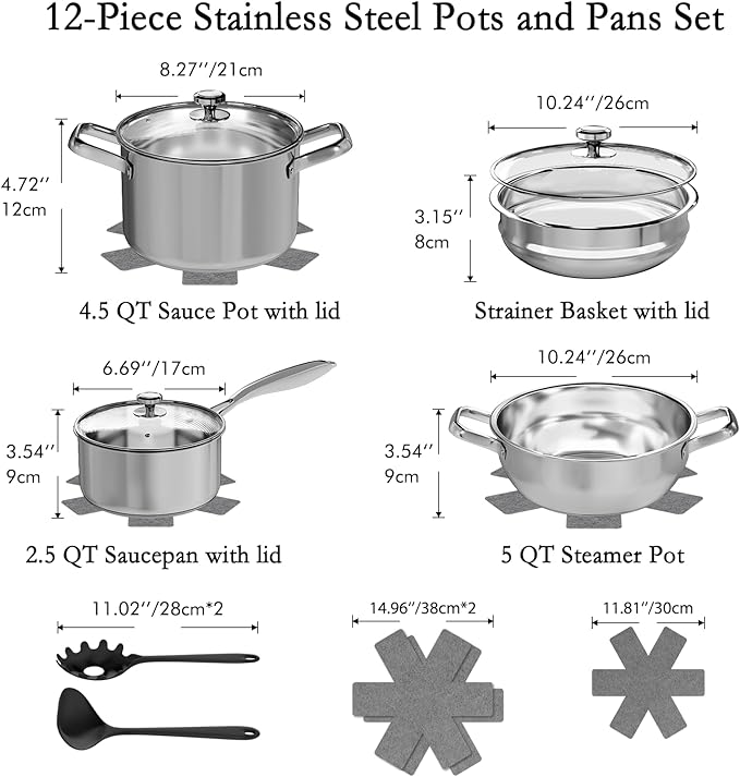 Pots and Pans Set,12-Piece Stainless Steel Cookware Set, Induction Ready Kitchen Cooking Set, Includes Saucepans, Stockpot, Steamer & Strainer Basket, Glass Lids, Dishwasher & Oven Safe
