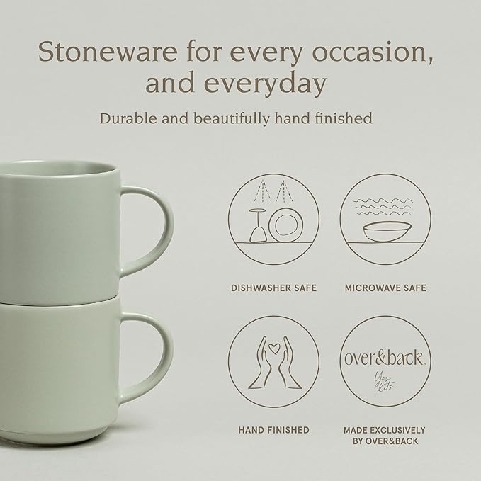 over&back Stackable Stoneware Coffee Mugs - 4-Piece Mug Set - Enjoy the Perfect Cup of Coffee, Tea, Latte, and More - Semi-Matte Sage- 14oz