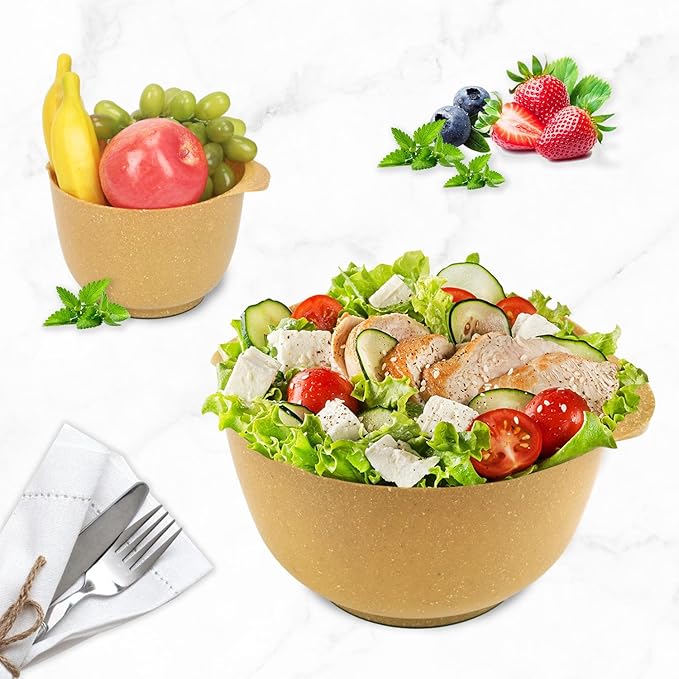 BoxedHome Dressing Bowl Set Red Pine Fiber Salad Bowls Non-Slip Stackable Kitchen Bowls 4 Piece Set Purely natural, made of natural fibers(Deep yellow)