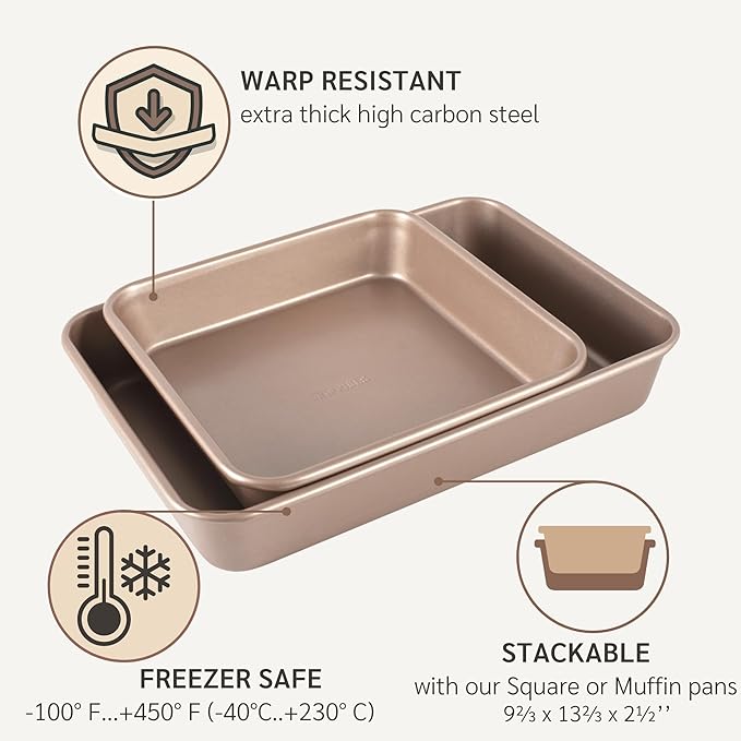HAPPIELS Nonstick Non Toxic 9x13 in Baking Pan for oven | Cake Mold 9 x 13 Non Stick Nontoxic | Carbon Steel Gold Brownies Pans 13x9 inches | Rectangle Brownie Tray 9 by 13 inch | Baking Ware