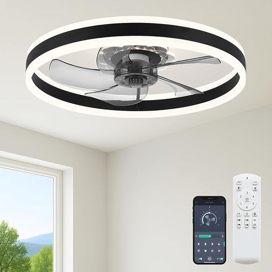 23.6'' Ceiling Fan with Light, Upgraded Low Profile Fan, Flush Mount Ceiling Fan, 6 Speeds, Dimmable LED, App & Remote Control, Quiet DC Motor, for Bedroom, Living Room, F105 Black