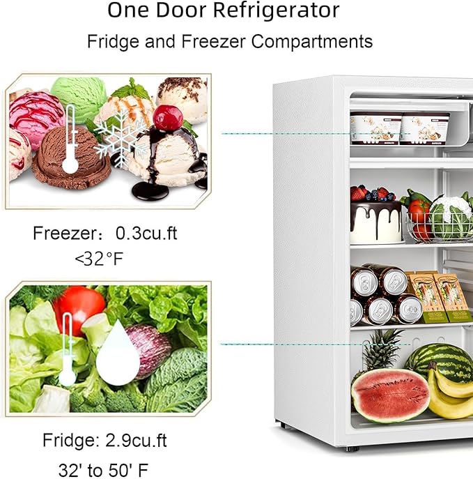 Antarctic Star Mini Compact Refrigerator with Freezer, 3.2 Cu.Ft. Single Door with Adjustable Thermostat,Removable Glass Shelves for Apartment/Dorm/Office,WHITE