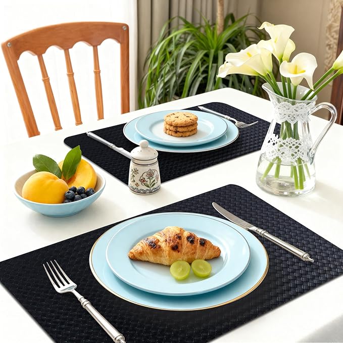 Vinyl Placemats Set of 6-12×17.7 Inch Waterproof & Heattable Placemats, Fall Faux Leather Wipeable Outdoor Table Mat for Dining, Kitchen, Indoor Outdoor Use (Black, Woven Pattern)
