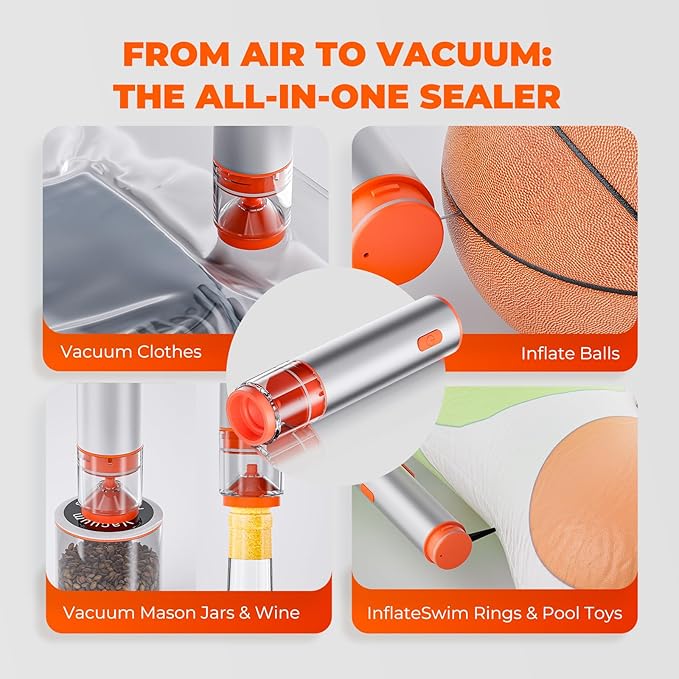Handheld Vacuum Sealer with Multi-Purpose Use, Powerful Suction, 4 Mason Jar Lids, Aluminum Body, One-Touch Operation, Kitchen Essentials for Sports Balls, Gray