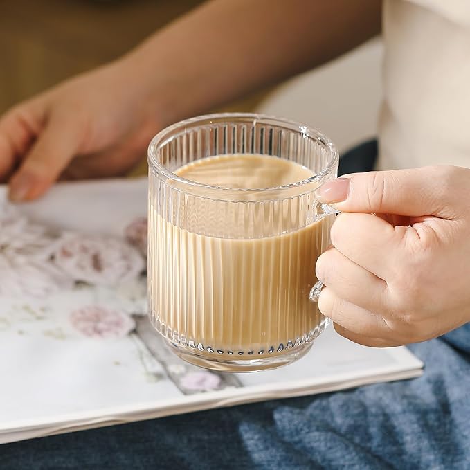6 High-End Glass Coffee Mugs with Handles and Cup Holders, 12 Ounce Classic Vertical Striped Glass Mugs for Hot and Cold Drinks, American Style, Latte, Cappuccino