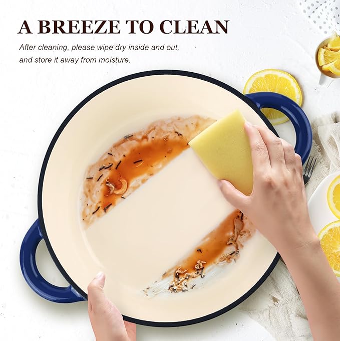 Overmont Enameled Cast Iron Dutch Oven - 5.5QT Pot with Lid Cookbook & Cotton Potholders - Heavy-Duty Cookware for Braising, Stews, Roasting, Bread Baking Indigo Blue