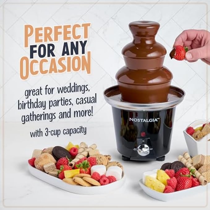 Nostalgia 3 Tier Electric Chocolate Fondue Fountain Machine for Parties - Melts Cheese, Queso, Candy, and Liqueur - Dip Strawberries, Apple Wedges, Vegetables, and More - 24-Ounce - Black, Small