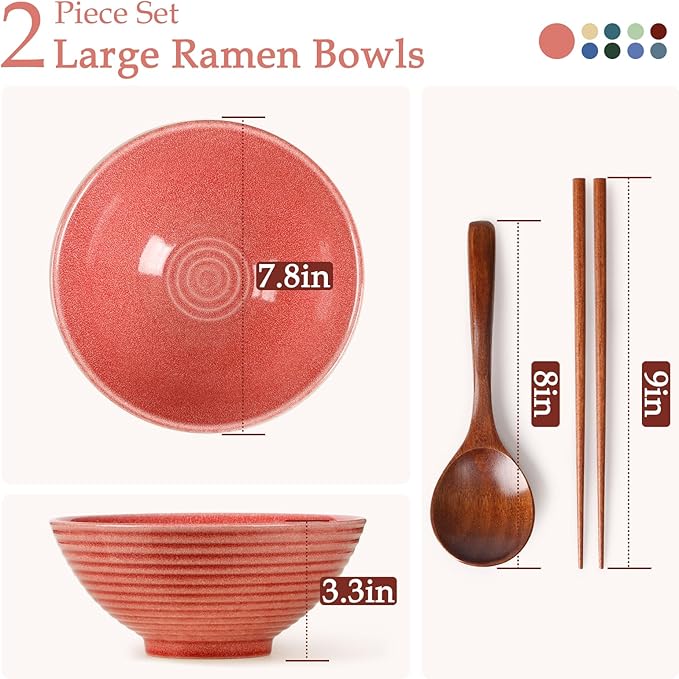 NUTRIUPS 8 Inch Ceramic Ramen Bowl Set of 2 Pho Bowls 40oz Japanese Noodle Udon Soup Bowls with Spoons and Chopsticks (pink)