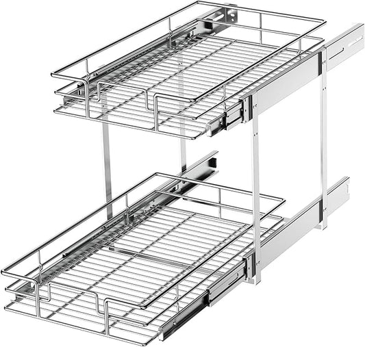 LOVMOR 2 Tier Individual Pull Out Cabinet Organizer 11" W x 18" D, Slide Out Kitchen Cabinet Storage Sliding Shelves