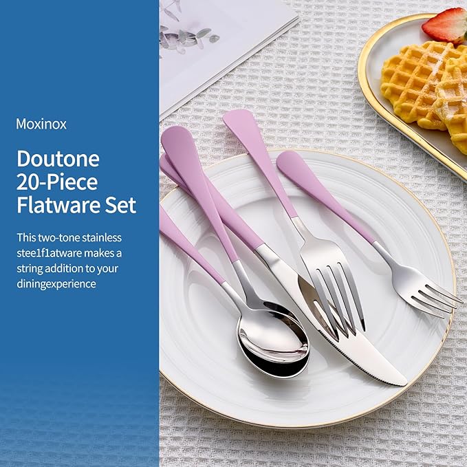 20-Piece Light Purple Silverware Set, 18/0 Stainless Steel Purple Handle Flatware Set, Service for 4, Modern Cutlery Set Includes Dinner Knives Forks Spoons, Mirror Polished, Dishwasher Safe