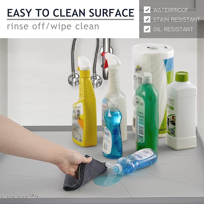 Heavy Duty Silicone Under Sink Mats for Kitchen Waterproof 31" x 19", Extra Thick Under Sink Rubber Mat Drip Tray, Raised Edge Under Sink Liner,Prevent Drips, Leaks, Spills,Grey