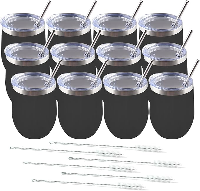 Amtidy 12 Pack Powder Coated Stainless Steel Tumbler with Lid,Equipped with straw and straw brush，12 oz Double Wall Vacuum Insulated Travel Tumbler Cup for Coffee, Wine, Cocktails