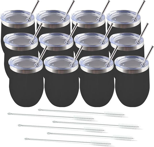 Amtidy 12 Pack Powder Coated Stainless Steel Tumbler with Lid,Equipped with straw and straw brush，12 oz Double Wall Vacuum Insulated Travel Tumbler Cup for Coffee, Wine, Cocktails