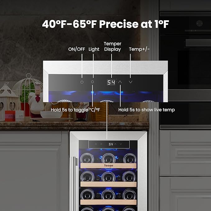 Yeego Wine Fridge – 15 Inch 33 Bottle Wine Cooler Refrigerator with Glass Door, 40-65℉ Touch Control, Built-In or Freestanding, Ideal for Home Bar & Kitchen