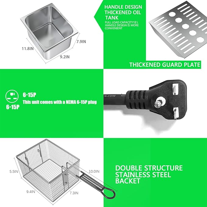 Deep fryer Commercial Deep Fryer 12L x 2/25.4QT Dual Tank Electric Deep Fryers with Basket Electric Countertop Fryer for Restaurant with 2 Frying Baskets, 3300W x 2, 240V Two 6-15 Phase Plugs