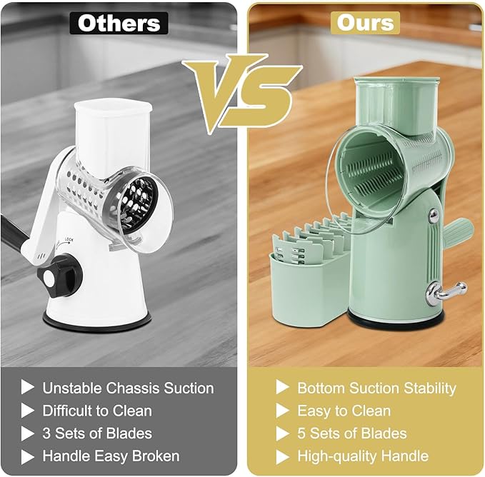 5 in 1 Cheese Grater with Rotary Hand Crank - Vegetable Chopper with Replaceable Stainless Blades, Strong Suction Base, Handle, Blade Storage Box, Easy-Clean Multipurpose Kitchen Slicer (Green)