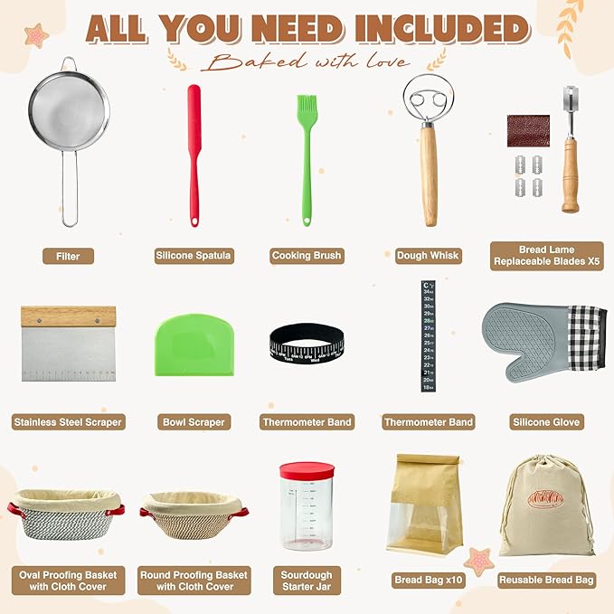 Sourdough Starter Kit, 33 Pcs Sourdough Bread Baking Supplies, 9 10 Inches Round&Oval Cotton Rope Banneton Bread Proofing Basket Set of 2, Beginner Friendly Bread Making Tools with Starter Jar