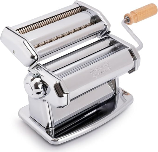 Imperia Pasta Maker Machine- 100% Made in Italy, Heavy Duty Steel Construction, Easy Lock Dial, Wood Grip Handle & Cleaning Brush- Fresh Homemade Italian Spaghetti Fettuccine or Lasagna (Classic Line)