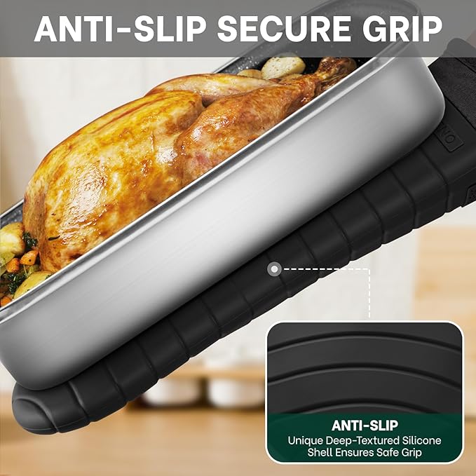 Beneno Premium Silicone Oven Mitts 2-Pack Heat Resistant 500°F, Soft Flexible Non-Slip Grips, BPA-Free & Waterproof Oven Mitts with Comfort Cotton Lining for Baking, Grilling, Cooking, 7"x13", Black