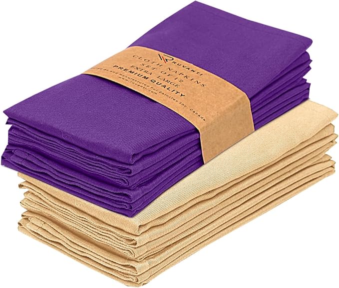 Ruvanti Cloth Napkins Set of 12, 18x18 Napkins Cloth Washable, Soft, Durable, Absorbent, Cotton Blend. Table Dinner Napkins Cloth for Hotel, Lunch, Restaurant, Wedding Parties - Purple & Ivory Gold