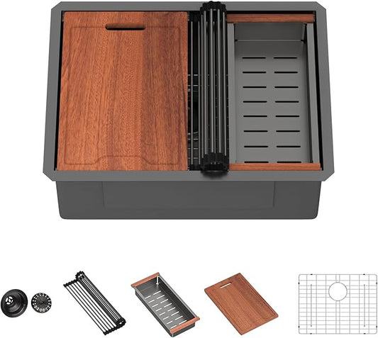 Lordear 25 Inch Black Kitchen Sink Undermount Kitchen Sink Workstation 25x19x10 Gunmetal Black 16 Gauge Stainless Steel Single Bowl