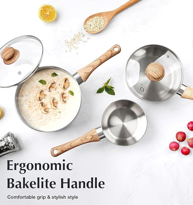 KOCH SYSTEME CS 2 Quart Sauce Pan with Lid, Stainless Steel Saucepan with Heat-resistant Bakelite Handle, Saucepan with Lid, Pot 2QT, Stainless Steel Sauce Pan, Induction Compatible