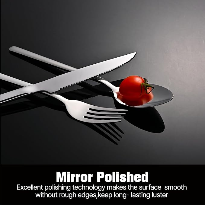 KINGSTONE 48-Piece Silverware Set with Steak Knives, Flatware Set for 8, Stainless Steel Tableware Cutlery Set for Home Restaurant, Mirror Finish,Modern Design