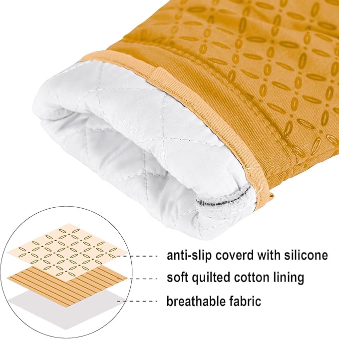 KEGOUU Oven Mitts and Pot Holders 6pcs Set, Kitchen Oven Glove High Heat Resistant 500 Degree Extra Long Oven Mitts and Potholder with Non-Slip Silicone Surface for Cooking （Orange）