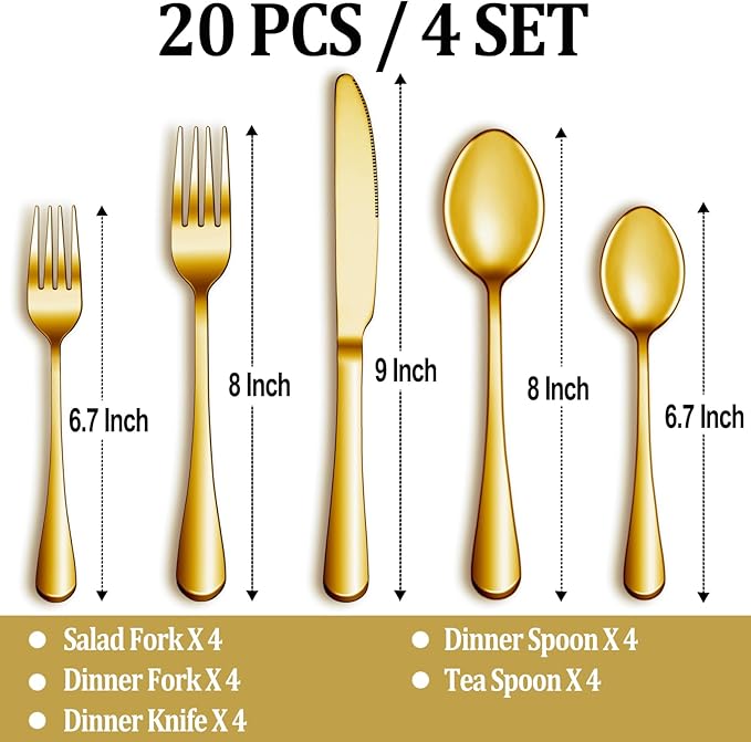 20 Pcs Gold Silverware Set Service for 4, Premium Stainless Steel Flatware Set, Cutlery Utensil Set, Durable Home Kitchen Eating Tableware Set, Include Fork Knife Spoon Set, Dishwasher Safe