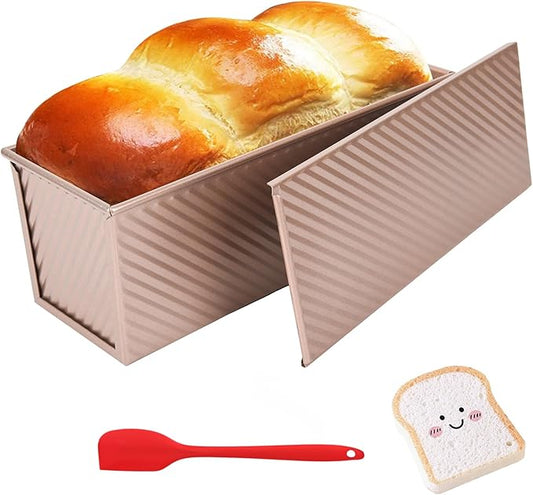 Pullman Loaf Pan with Lid 13x4 Inch, 2.2lb Dough Capacity for Homemade Bread, Non-stick Corrugated Carbon Steel Bread Toast Box with Cover for Bakeware, Sandwich & Toast Oven Baking, Gold