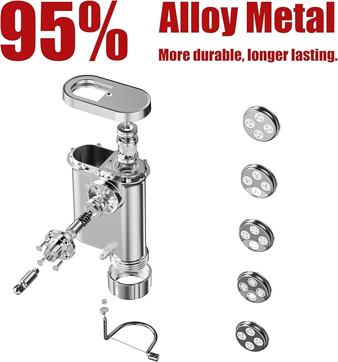 Metal Gourmet Pasta Press Attachment for KitchenAid Stand Mixer – Durable Pasta Maker Attachment with 5 Interchangeable Plates for Spaghetti, Bucatini, Fusilli, Large & Small Macaroni