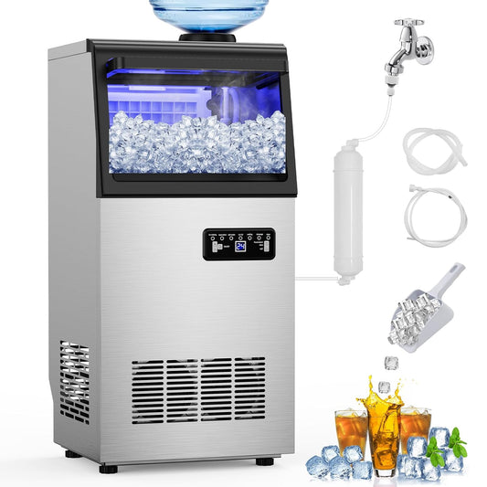 Commercial Ice Maker Machine 130 LBS/24H, 45 Ice Trays Freestanding & Undercounter Ice Machine Stainless Steel with 20 LBS Ice Storage Capacity, Ice Maker with Water Line and Filter, Dual Water Inlet
