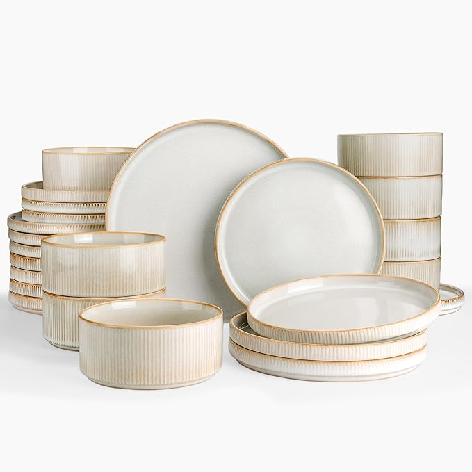 famiware Star Plates and Bowls Sets, Modern Stoneware Dinnerware Sets for 8, 24-Piece Kitchen Dish Set - Microwave and Dishwasher Safe, Chip and Scratch Resistant, Cappuccino White