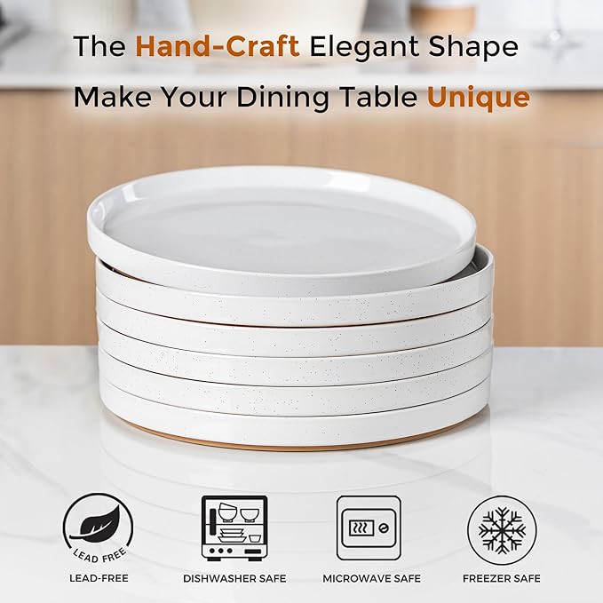 AmorArc Ceramic Dinnerware Set for 8 | Speckled Stoneware Plates and Bowls with Rustic Terracotta Underside| Scratch Resistant,Dishwasher & Microwave Safe Dishes Sets- 24pcs White