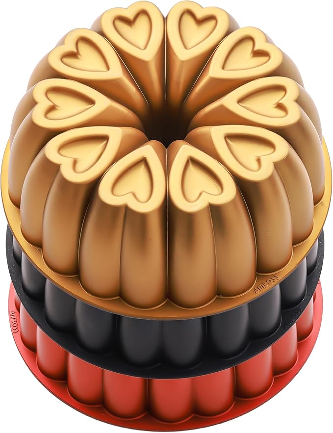 Heart Shape Cast Aluminum Molded Cake Pan, Titanium Coating, Non-Stick, 12 Cups, 10 Inch Pound Pan intended for Bundt Cakes, Gifts for Mom, Fluted Tube, Easy to Clean (3-Pack, Gold-Black-Red)